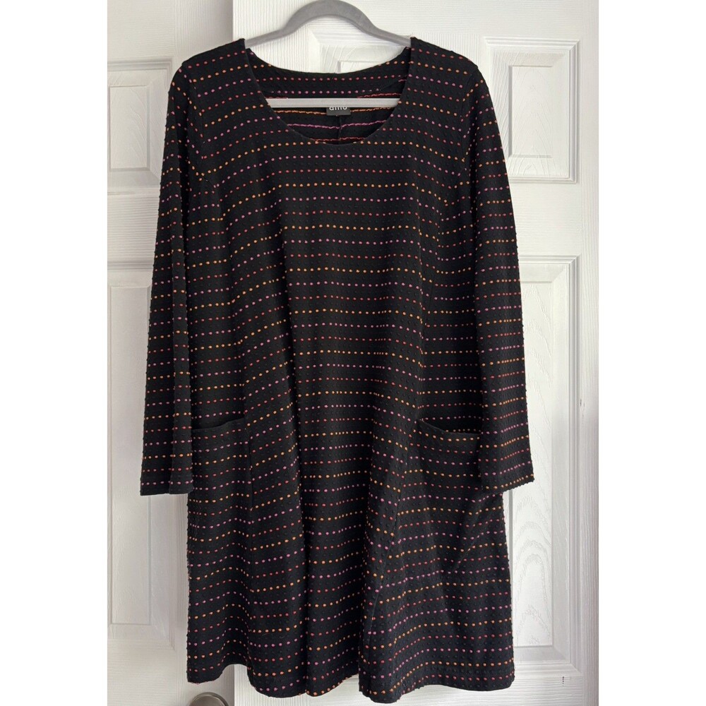 AINO Finland XL Knit Lagenlook Dress, Black Pink Orange Stripes Dots Pockets